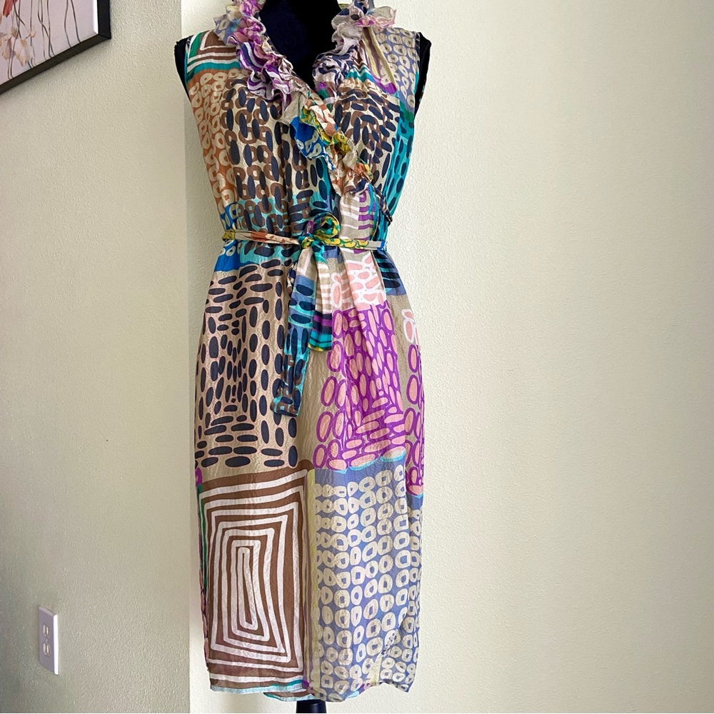 ETRO Silk Patchwork Paisley Print Wrap Ruffled Belted Dress Sleeveless